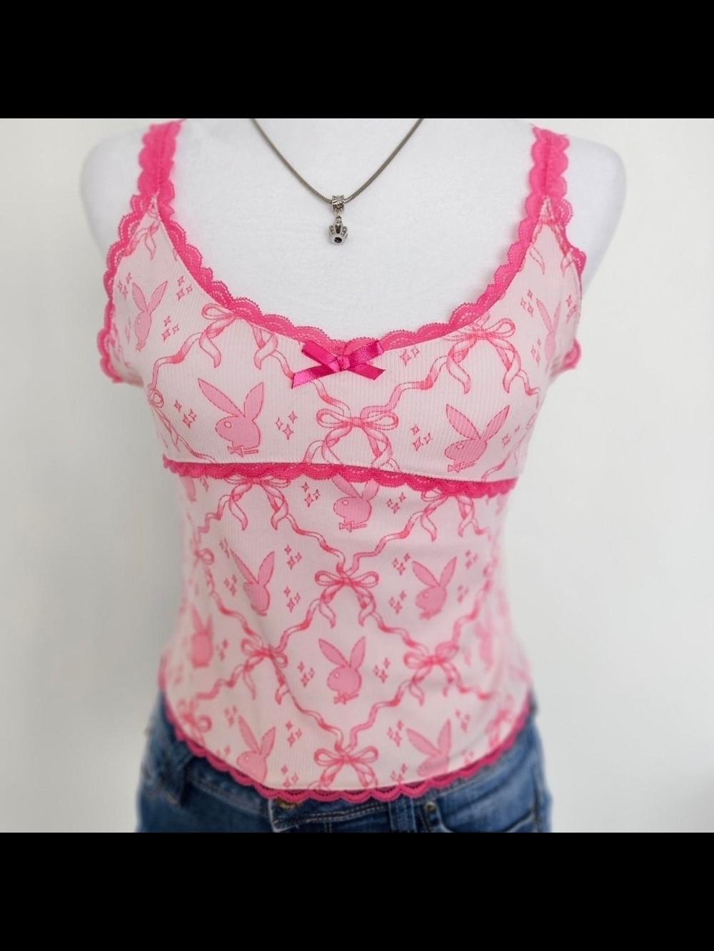 Y2k Playboy Pink Lace Trim Top